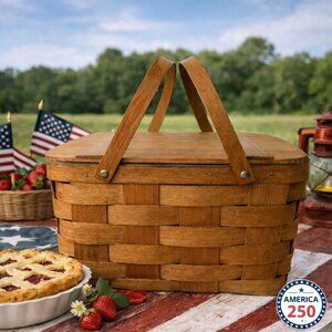 Basketville Pie Carrier Basket VTG Rustic Kitchen Storage Woven Hickory Decor